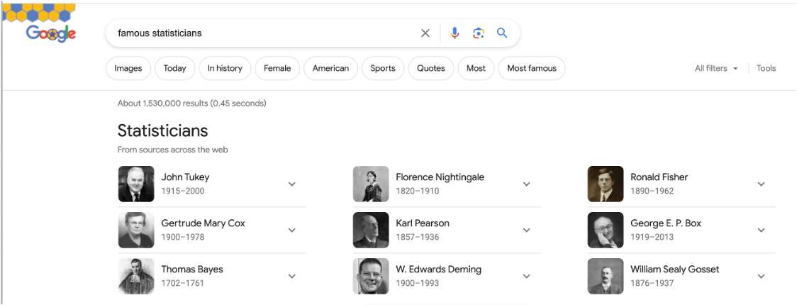 In a Google search for famous statisticians, the individuals listed include Tukey, Nightingale, Fisher, Cox, Pearson, Box, Bayes, Deming, and Gosset.