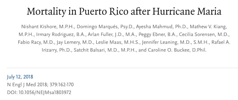 New England Journal of Medicine paper from July 2018 titled "Mortality in Puerto Rico after Hurricane Maria" with Irizarry and co-authors.