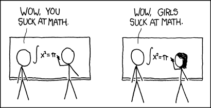 In the first panel, a stick figure makes a mathematical mistake, and the other stick figure says "you are bad at math".  In the second panel, a stick figure with long hair (presumably a female stick figure) makes the same mistake, and the other stick figure says "girls are bad at math."