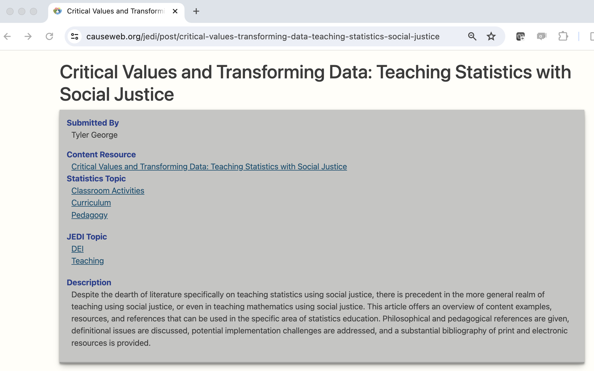 Example 1 showing the author, statistics topics, JEDI topics, and description of the resource.