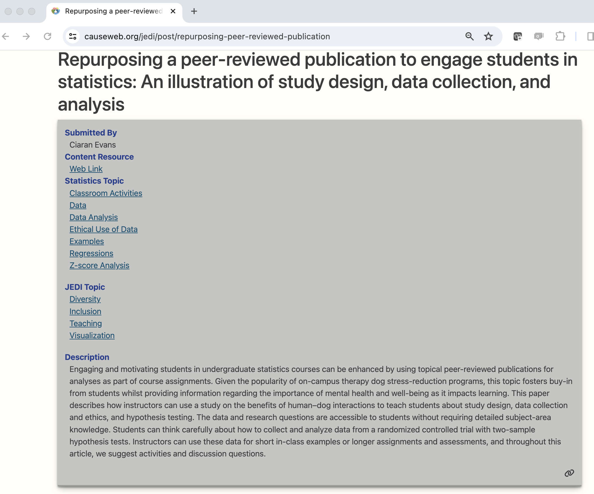 Example 2 showing the author, statistics topics, JEDI topics, and description of the resource.