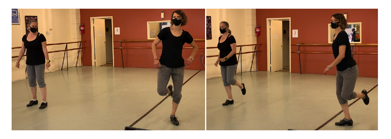 Two photos of me tap dancing with a friend.  In one picture I'm lost and in the other picture my friend and I are dancing in sync.